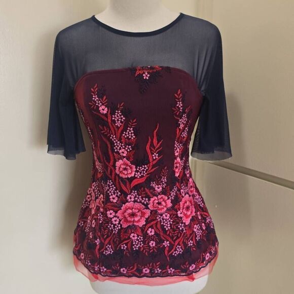 Eva Franco Navy/Red/Pink Floral Embroidered Mesh S/S Blouse, EUC, Sz. S - Picture 3 of 10